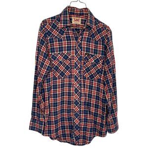 Vintage 80s Lee Pearl Snap Western Rodeo Shirt Extra Long Flannel Size M